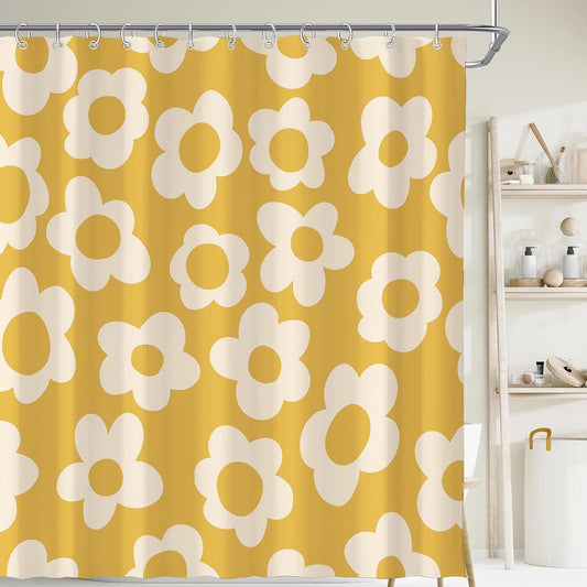 Yellow Cute Retro Floral Abstract Flower Shower Curtain for Bathroom 72W*72H Inch 70s Lovely Vintage Aesthetic Funky Bathtub Decor Modern Trendy Waterproof Polyester Fabric Set with 12 Hooks