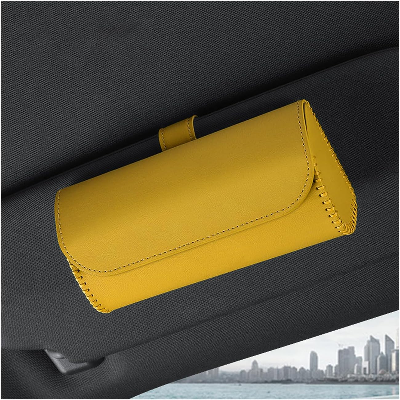 Sunglasses Holder for Car Sun Visor, Leather Auto Eyeglasses Storage Case with Hidden Magnetic Closure, Protective Glasses Organizer Box, Vehicle Visor Accessories for Woman Man (Yellow)