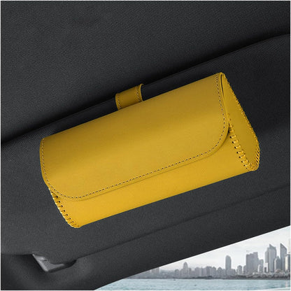 Sunglasses Holder for Car Sun Visor, Leather Auto Eyeglasses Storage Case with Hidden Magnetic Closure, Protective Glasses Organizer Box, Vehicle Visor Accessories for Woman Man (Yellow)