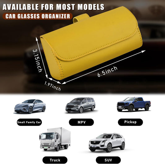 Sunglasses Holder for Car Sun Visor, Leather Auto Eyeglasses Storage Case with Hidden Magnetic Closure, Protective Glasses Organizer Box, Vehicle Visor Accessories for Woman Man (Yellow)