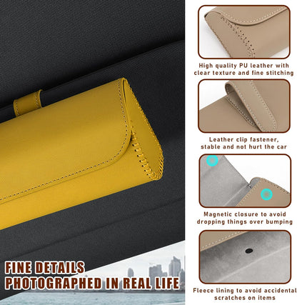 Sunglasses Holder for Car Sun Visor, Leather Auto Eyeglasses Storage Case with Hidden Magnetic Closure, Protective Glasses Organizer Box, Vehicle Visor Accessories for Woman Man (Yellow)