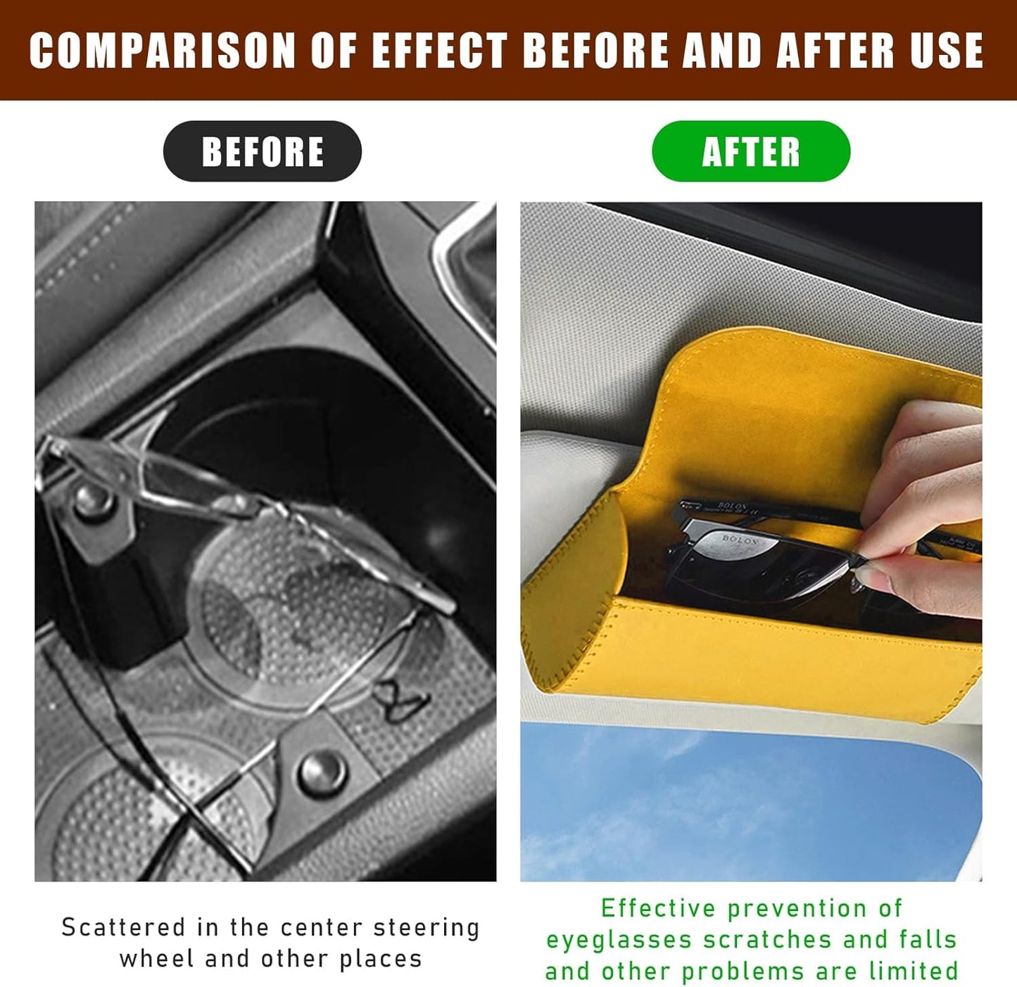 Sunglasses Holder for Car Sun Visor, Leather Auto Eyeglasses Storage Case with Hidden Magnetic Closure, Protective Glasses Organizer Box, Vehicle Visor Accessories for Woman Man (Yellow)