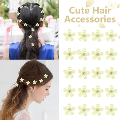 Mini Yellow Rhinestone Flower Hair Clips - Cute Decorative Hair Pins, Barrettes and Bridal Accessories for Girls and Women