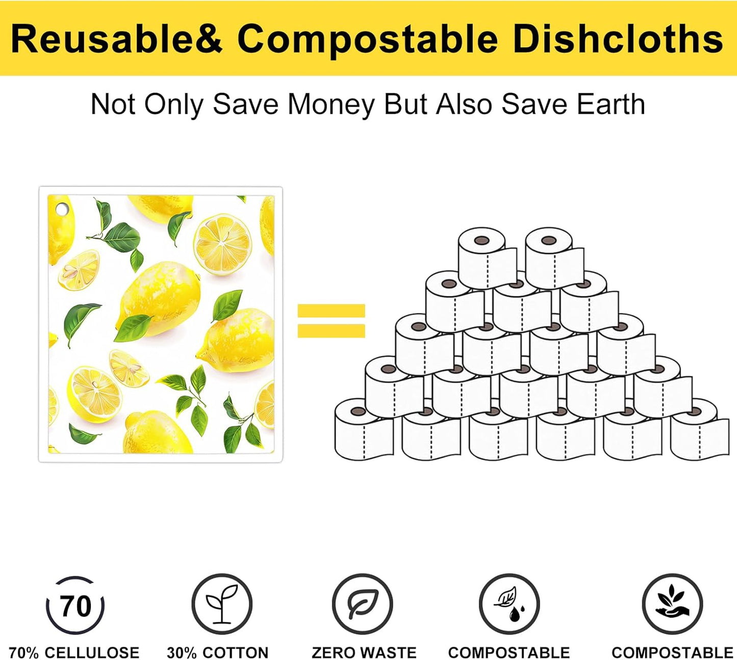 6 Pack Swedish Dishcloths for Kitchen - Reusable Dish Paper Towels Wash Cloths Washable,Absorbent Cellulose Cleaning Sponge Cloth Wipes Quick Dry, Decorative Tea Towels,No Odor Biodegradable(Lemon)