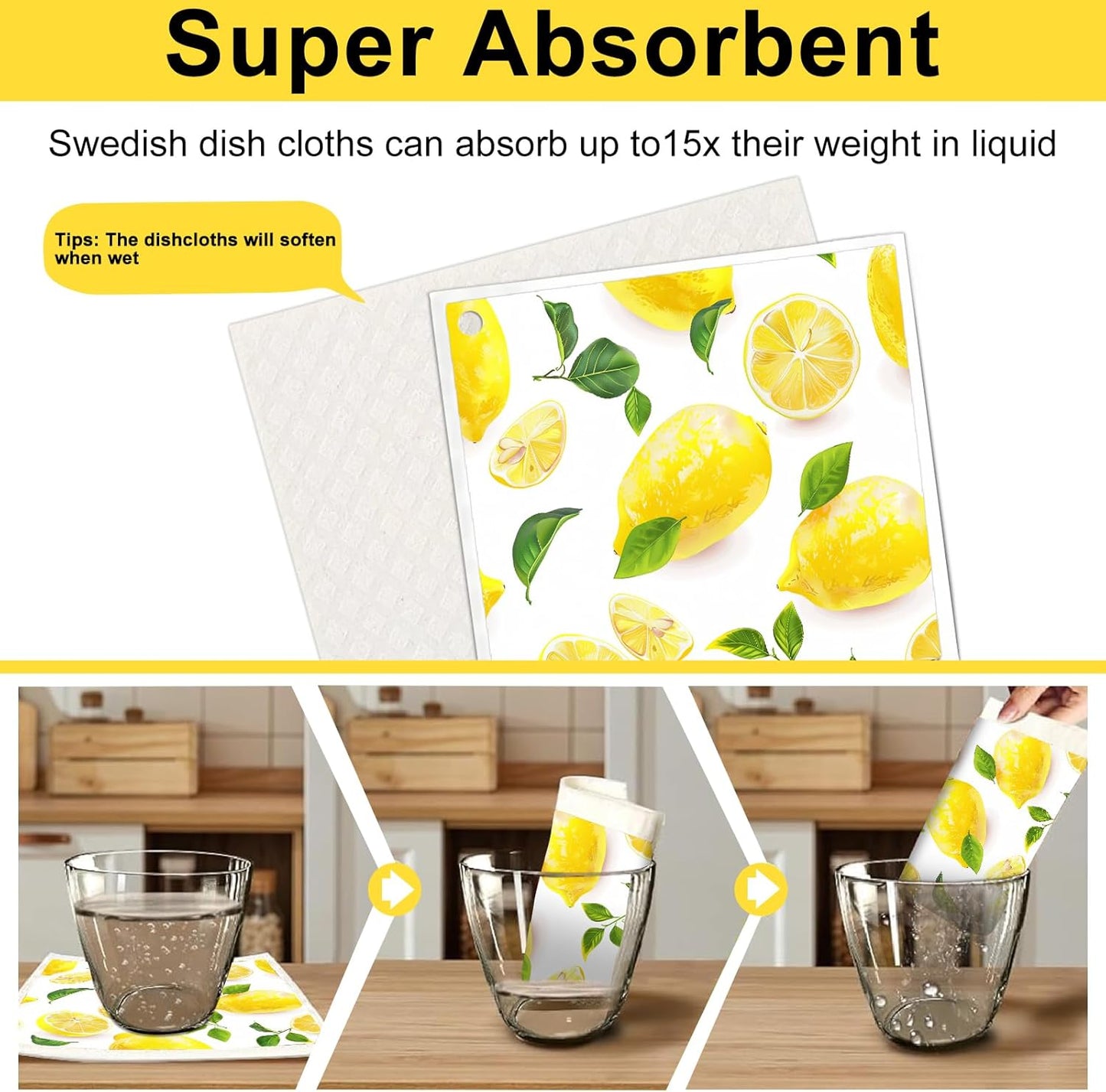 6 Pack Swedish Dishcloths for Kitchen - Reusable Dish Paper Towels Wash Cloths Washable,Absorbent Cellulose Cleaning Sponge Cloth Wipes Quick Dry, Decorative Tea Towels,No Odor Biodegradable(Lemon)