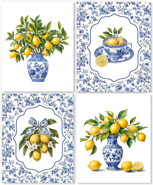 Chinoiserie Lemon Wall Art Posters Set of 4, Grandmillennial Home Decor, Blue and White Floral Porcelain Lemon Tree Canvas Prints Artwork for Kitchen Wall Decor, 8x10 Unframed