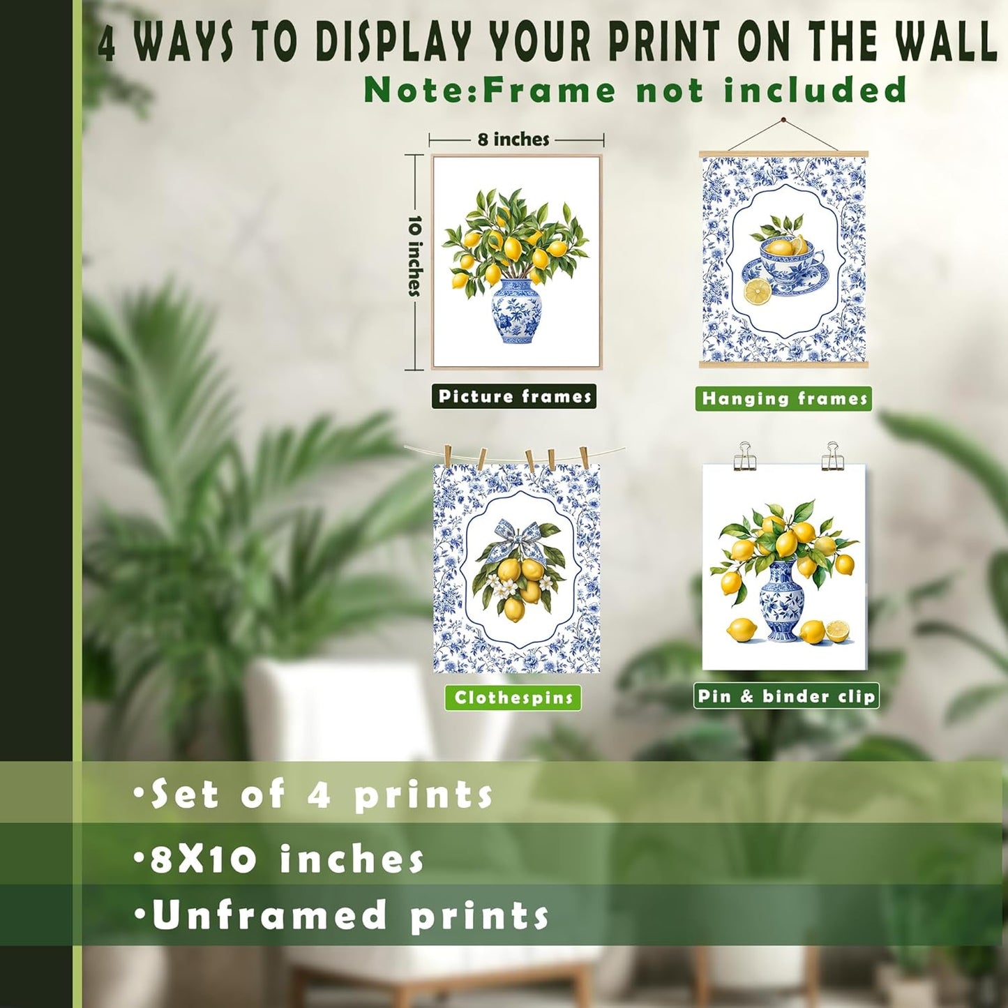 Chinoiserie Lemon Wall Art Posters Set of 4, Grandmillennial Home Decor, Blue and White Floral Porcelain Lemon Tree Canvas Prints Artwork for Kitchen Wall Decor, 8x10 Unframed