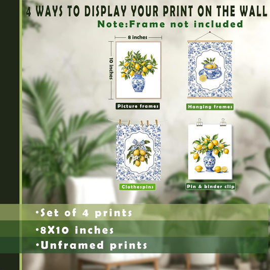 Chinoiserie Lemon Wall Art Posters Set of 4, Grandmillennial Home Decor, Blue and White Floral Porcelain Lemon Tree Canvas Prints Artwork for Kitchen Wall Decor, 8x10 Unframed