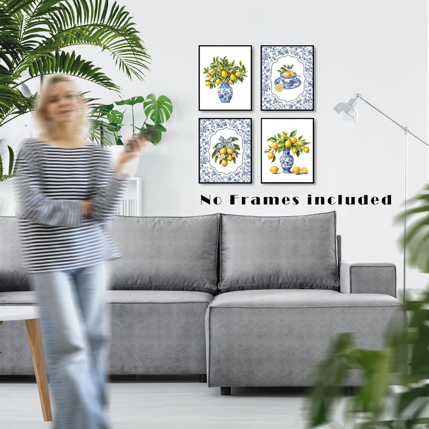 Chinoiserie Lemon Wall Art Posters Set of 4, Grandmillennial Home Decor, Blue and White Floral Porcelain Lemon Tree Canvas Prints Artwork for Kitchen Wall Decor, 8x10 Unframed