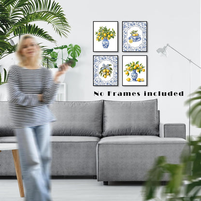 Chinoiserie Lemon Wall Art Posters Set of 4, Grandmillennial Home Decor, Blue and White Floral Porcelain Lemon Tree Canvas Prints Artwork for Kitchen Wall Decor, 8x10 Unframed