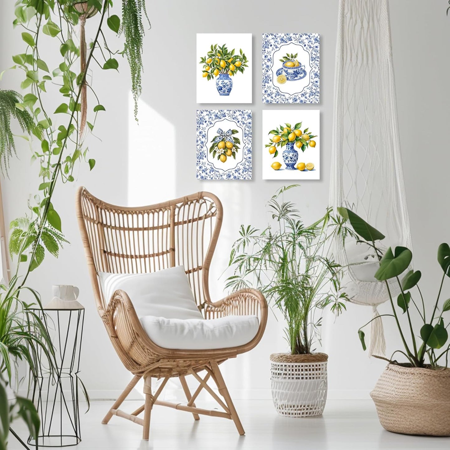 Chinoiserie Lemon Wall Art Posters Set of 4, Grandmillennial Home Decor, Blue and White Floral Porcelain Lemon Tree Canvas Prints Artwork for Kitchen Wall Decor, 8x10 Unframed