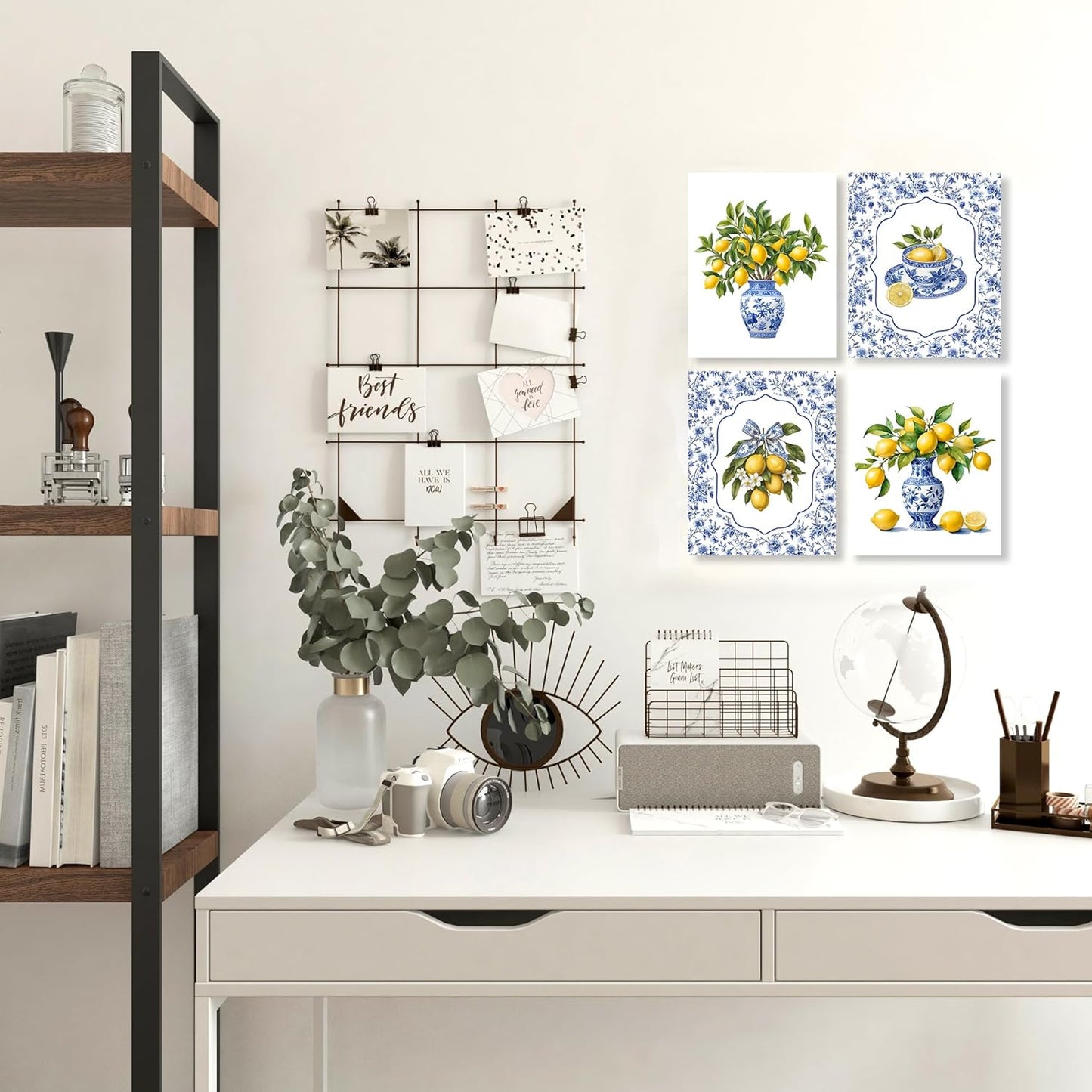 Chinoiserie Lemon Wall Art Posters Set of 4, Grandmillennial Home Decor, Blue and White Floral Porcelain Lemon Tree Canvas Prints Artwork for Kitchen Wall Decor, 8x10 Unframed