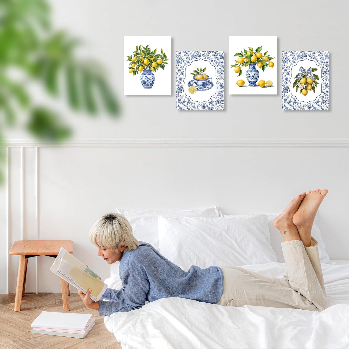 Chinoiserie Lemon Wall Art Posters Set of 4, Grandmillennial Home Decor, Blue and White Floral Porcelain Lemon Tree Canvas Prints Artwork for Kitchen Wall Decor, 8x10 Unframed