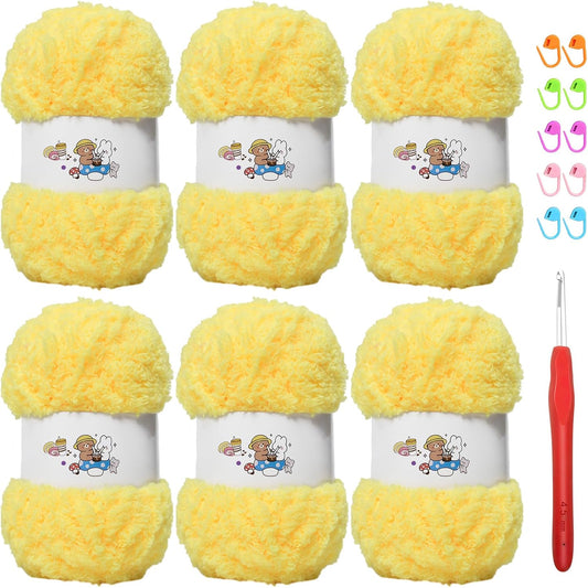6 PCS Soft Coral Velvet Chenille Yarn for Crocheting,Fluffy Yarn for Knitting and Crochet DIY Craft,Warm Crochet for Bag Hat Scarve Gloves Slippers Dolls(Yellow)