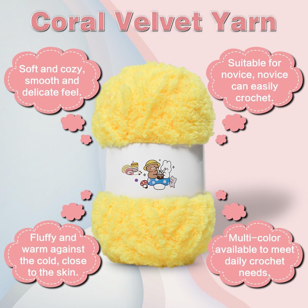 6 PCS Soft Coral Velvet Chenille Yarn for Crocheting,Fluffy Yarn for Knitting and Crochet DIY Craft,Warm Crochet for Bag Hat Scarve Gloves Slippers Dolls(Yellow)