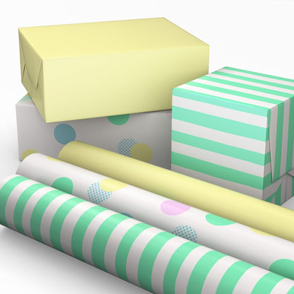 Image Arts Baby Wrapping Paper Mini Rolls, 3-Pack (Pastel Polka Dots, Mint Green Stripes, Solid Light Yellow) for Birthdays, Baby Showers, Gender Reveal Party, Easter, Any Occasion - 27 Sq. Ft. Total