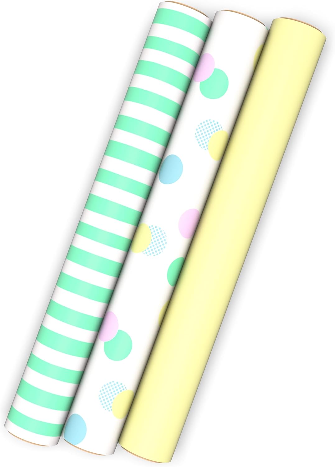 Image Arts Baby Wrapping Paper Mini Rolls, 3-Pack (Pastel Polka Dots, Mint Green Stripes, Solid Light Yellow) for Birthdays, Baby Showers, Gender Reveal Party, Easter, Any Occasion - 27 Sq. Ft. Total