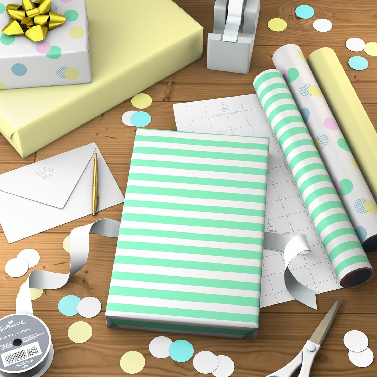 Image Arts Baby Wrapping Paper Mini Rolls, 3-Pack (Pastel Polka Dots, Mint Green Stripes, Solid Light Yellow) for Birthdays, Baby Showers, Gender Reveal Party, Easter, Any Occasion - 27 Sq. Ft. Total