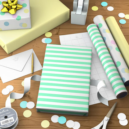 Image Arts Baby Wrapping Paper Mini Rolls, 3-Pack (Pastel Polka Dots, Mint Green Stripes, Solid Light Yellow) for Birthdays, Baby Showers, Gender Reveal Party, Easter, Any Occasion - 27 Sq. Ft. Total