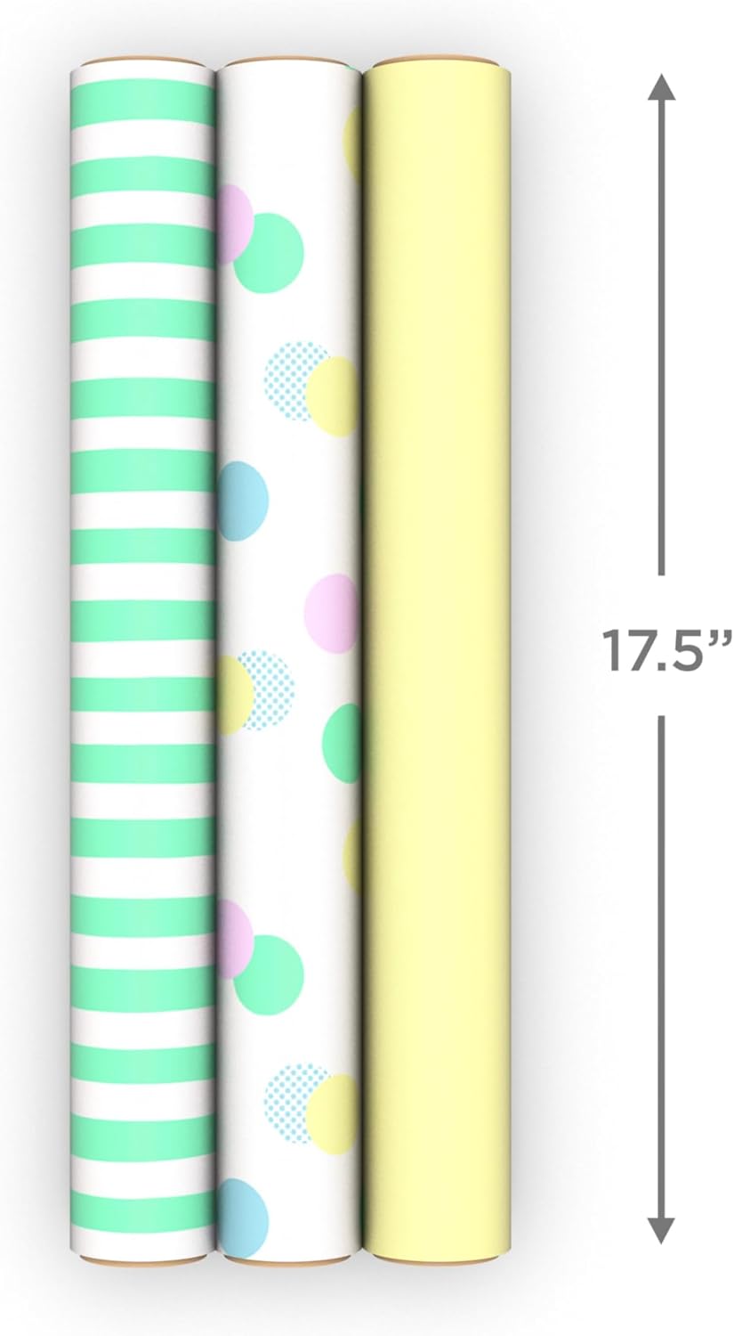 Image Arts Baby Wrapping Paper Mini Rolls, 3-Pack (Pastel Polka Dots, Mint Green Stripes, Solid Light Yellow) for Birthdays, Baby Showers, Gender Reveal Party, Easter, Any Occasion - 27 Sq. Ft. Total