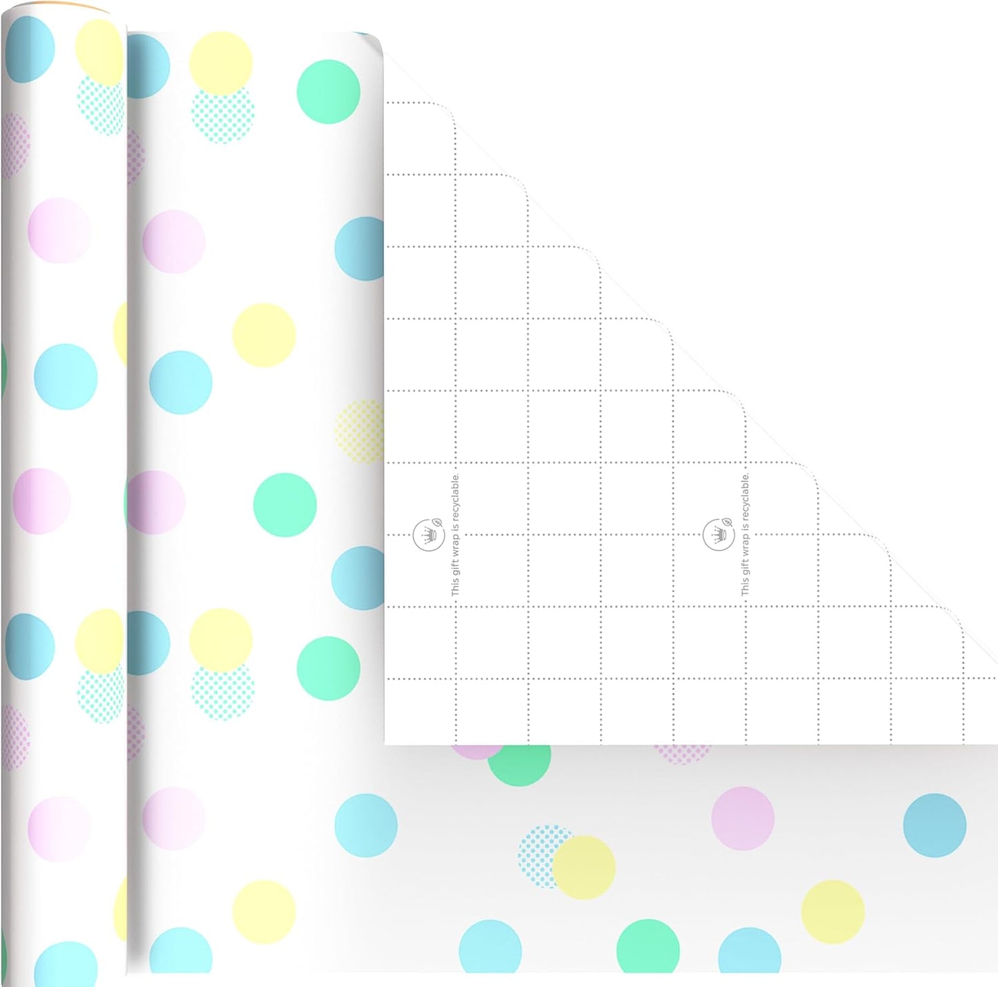 Image Arts Baby Wrapping Paper Mini Rolls, 3-Pack (Pastel Polka Dots, Mint Green Stripes, Solid Light Yellow) for Birthdays, Baby Showers, Gender Reveal Party, Easter, Any Occasion - 27 Sq. Ft. Total