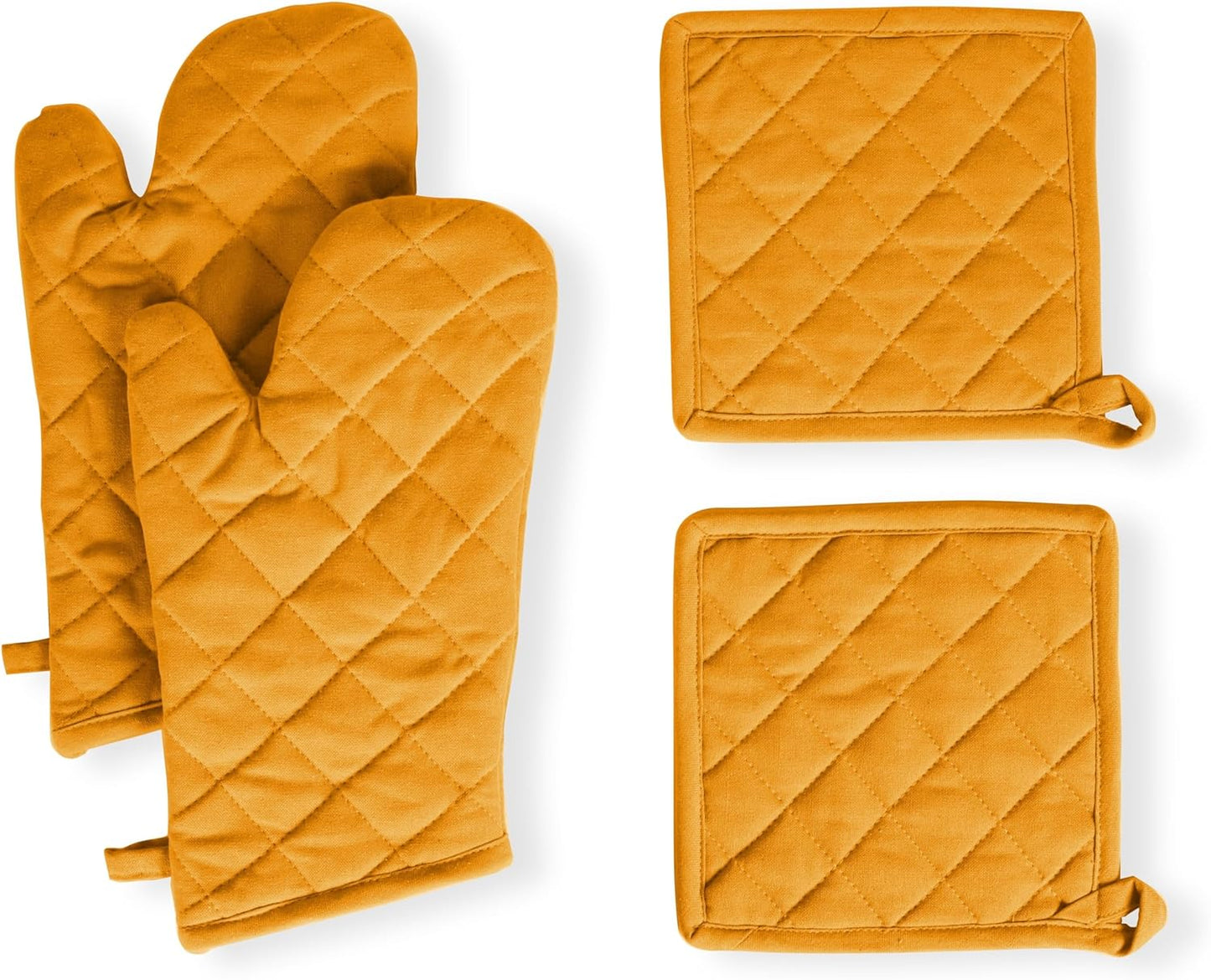 4 Piece Set - 2 Oven Mitts & 2 Potholders, Heat Resistant, 100% Cotton, Quilted Design, Non-Slip Grip, Machine Washable, Ideal for Baking, Cooking, BBQ, Kitchen Protection - Mustard Yellow
