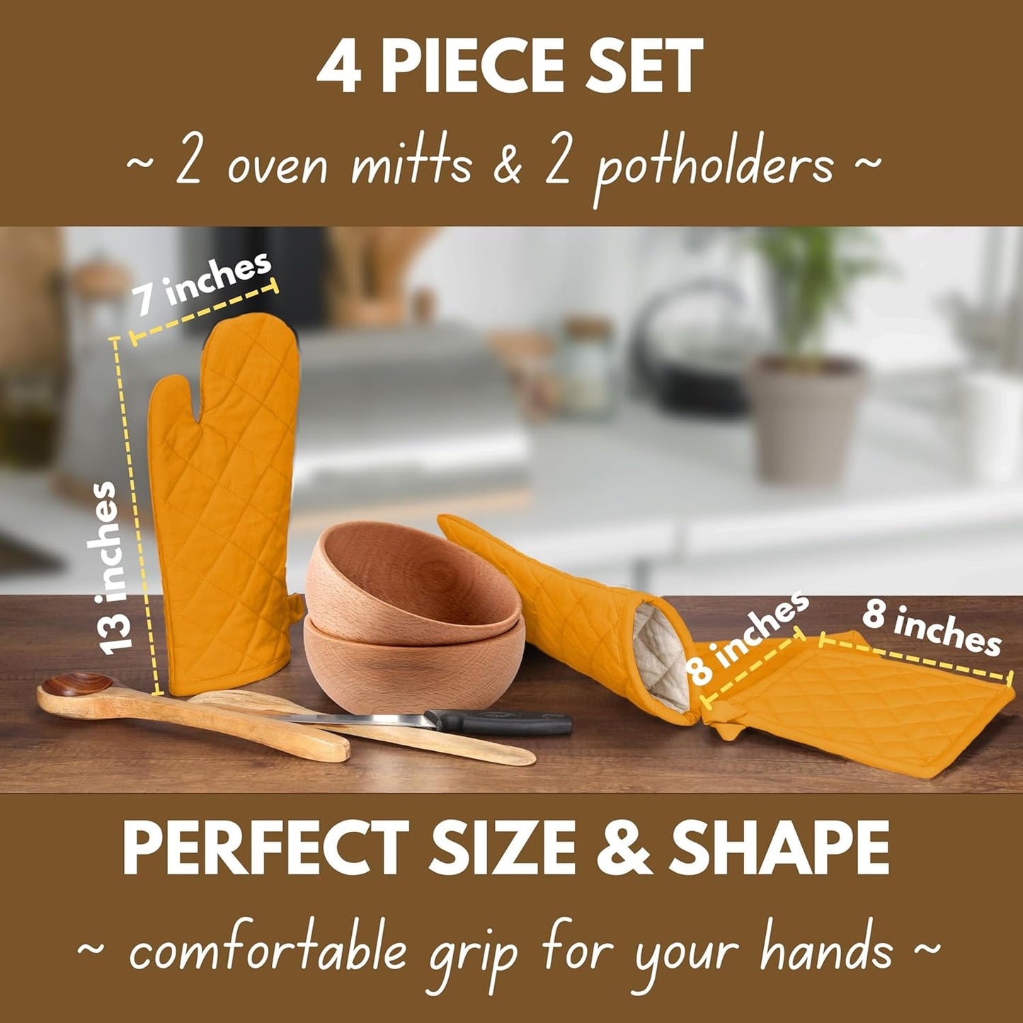 4 Piece Set - 2 Oven Mitts & 2 Potholders, Heat Resistant, 100% Cotton, Quilted Design, Non-Slip Grip, Machine Washable, Ideal for Baking, Cooking, BBQ, Kitchen Protection - Mustard Yellow