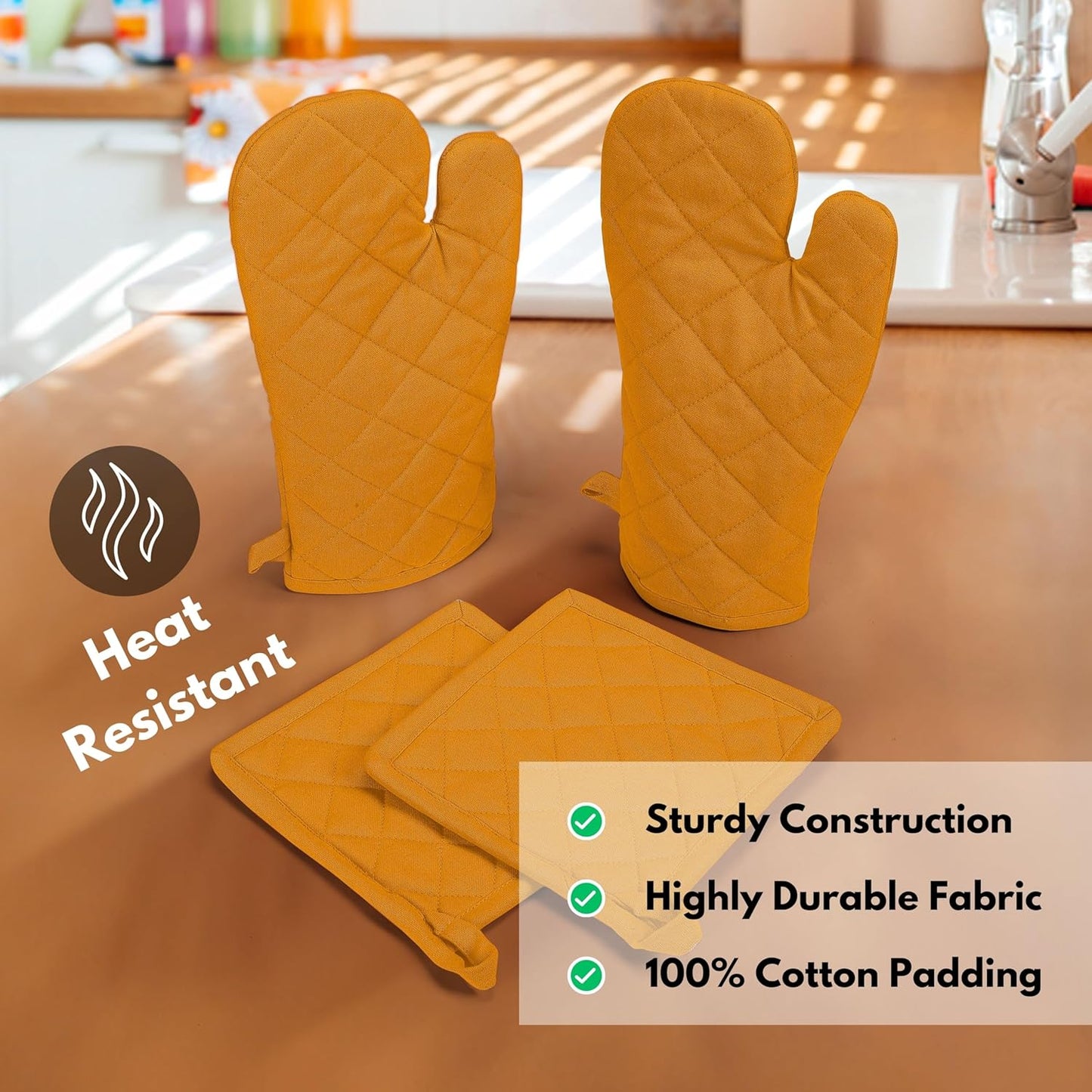 4 Piece Set - 2 Oven Mitts & 2 Potholders, Heat Resistant, 100% Cotton, Quilted Design, Non-Slip Grip, Machine Washable, Ideal for Baking, Cooking, BBQ, Kitchen Protection - Mustard Yellow