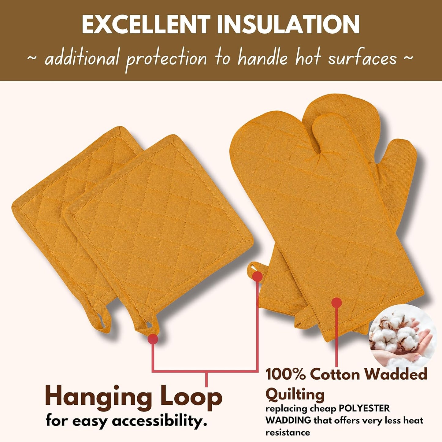 4 Piece Set - 2 Oven Mitts & 2 Potholders, Heat Resistant, 100% Cotton, Quilted Design, Non-Slip Grip, Machine Washable, Ideal for Baking, Cooking, BBQ, Kitchen Protection - Mustard Yellow