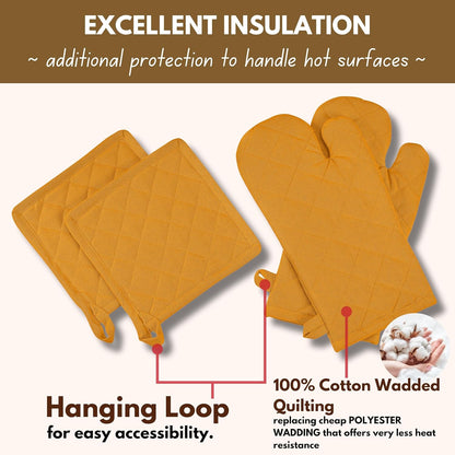4 Piece Set - 2 Oven Mitts & 2 Potholders, Heat Resistant, 100% Cotton, Quilted Design, Non-Slip Grip, Machine Washable, Ideal for Baking, Cooking, BBQ, Kitchen Protection - Mustard Yellow