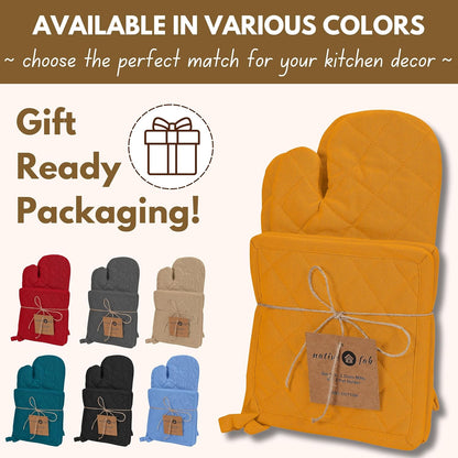 4 Piece Set - 2 Oven Mitts & 2 Potholders, Heat Resistant, 100% Cotton, Quilted Design, Non-Slip Grip, Machine Washable, Ideal for Baking, Cooking, BBQ, Kitchen Protection - Mustard Yellow