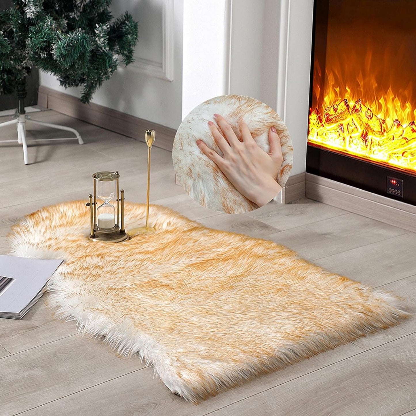 linmopm Faux Fur Sheepskin Rug, 2x3 ft, White and Yellow | Shag Fluffy Fuzzy, High-Density Cushion, For Bedroom Bedside Living Room, Plush Carpet, Sofa Cover