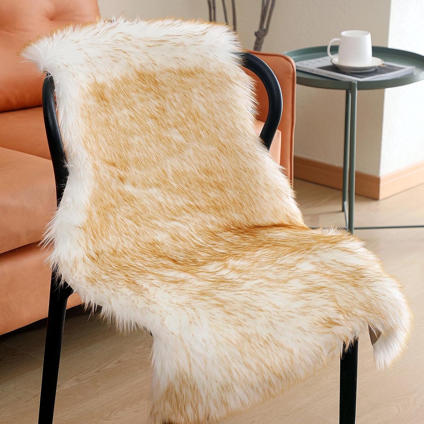 linmopm Faux Fur Sheepskin Rug, 2x3 ft, White and Yellow | Shag Fluffy Fuzzy, High-Density Cushion, For Bedroom Bedside Living Room, Plush Carpet, Sofa Cover