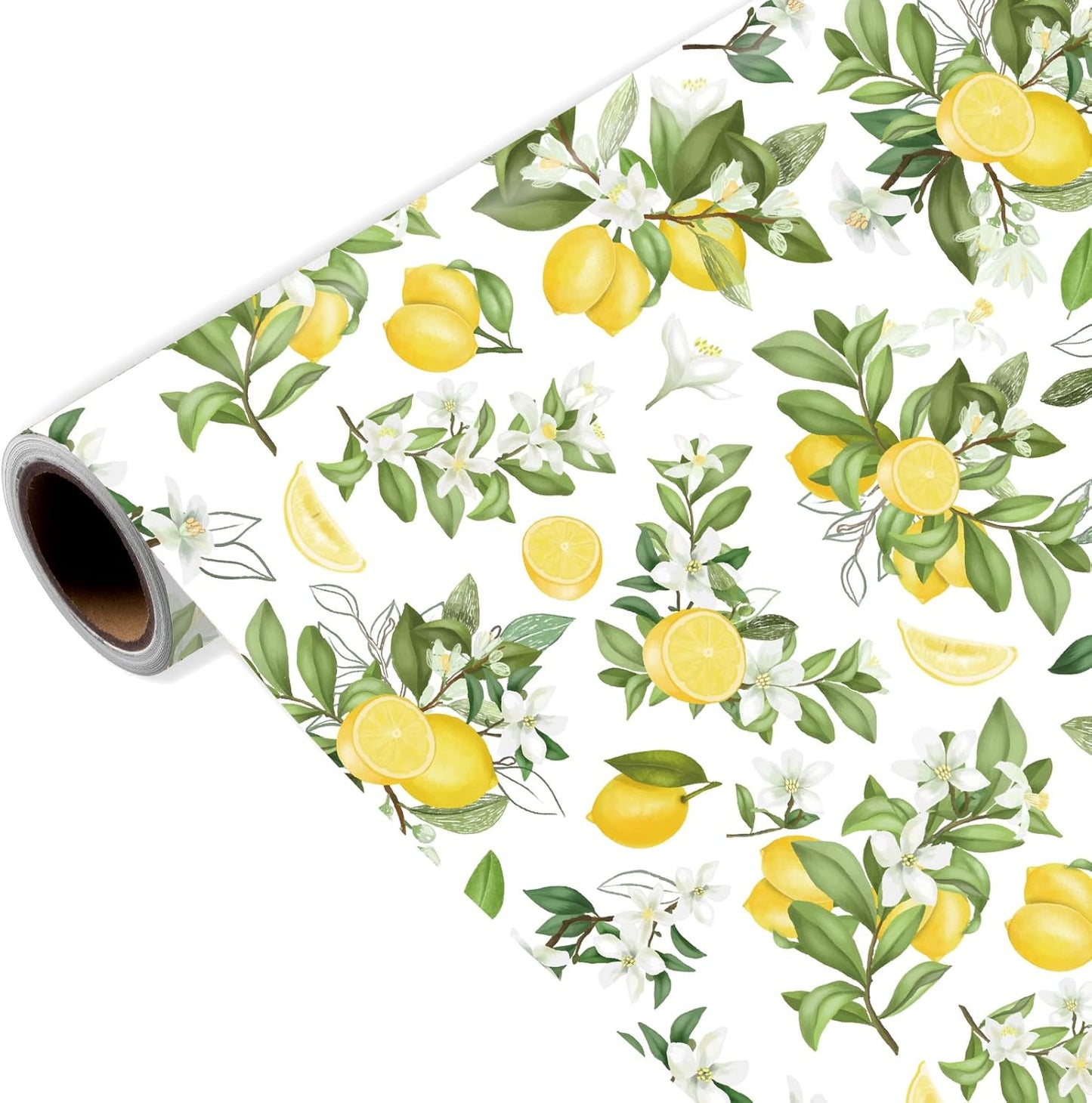 Lemon Wrapping Paper Roll, Watercolor Lemon Floral Design Fresh Style Summer Gift Wrap for Summer Party, Birthday, Wedding, Baby Shower, Holiday Party, 17 Inch x 16.4 Feet