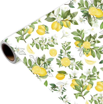 Lemon Wrapping Paper Roll, Watercolor Lemon Floral Design Fresh Style Summer Gift Wrap for Summer Party, Birthday, Wedding, Baby Shower, Holiday Party, 17 Inch x 16.4 Feet
