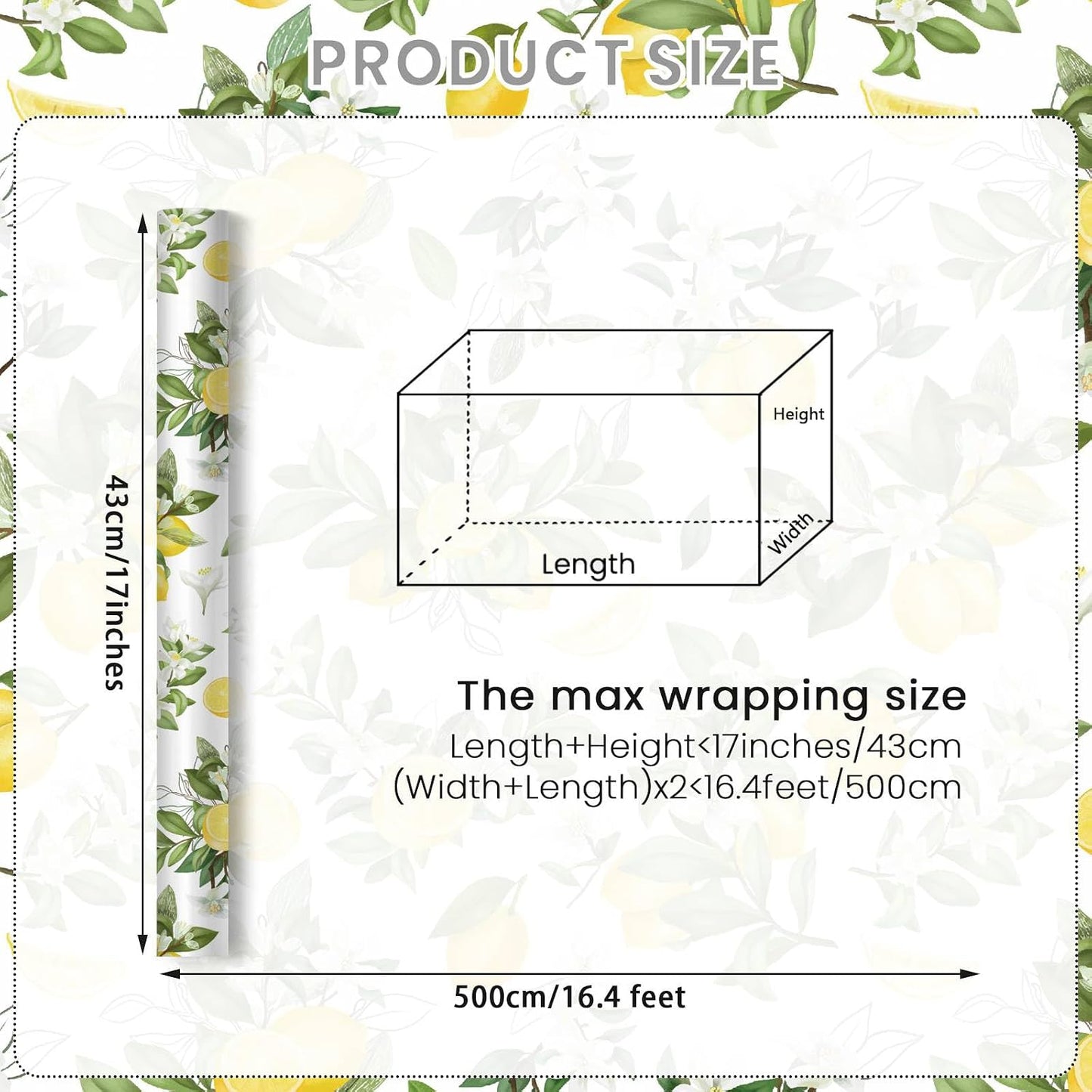 Lemon Wrapping Paper Roll, Watercolor Lemon Floral Design Fresh Style Summer Gift Wrap for Summer Party, Birthday, Wedding, Baby Shower, Holiday Party, 17 Inch x 16.4 Feet