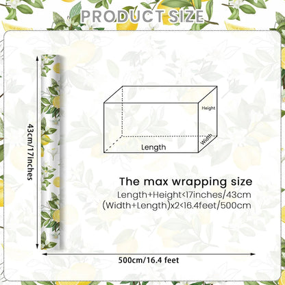 Lemon Wrapping Paper Roll, Watercolor Lemon Floral Design Fresh Style Summer Gift Wrap for Summer Party, Birthday, Wedding, Baby Shower, Holiday Party, 17 Inch x 16.4 Feet