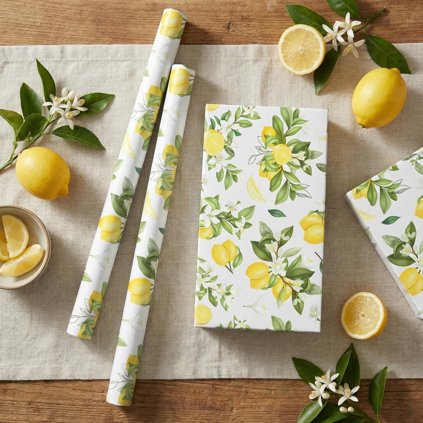 Lemon Wrapping Paper Roll, Watercolor Lemon Floral Design Fresh Style Summer Gift Wrap for Summer Party, Birthday, Wedding, Baby Shower, Holiday Party, 17 Inch x 16.4 Feet