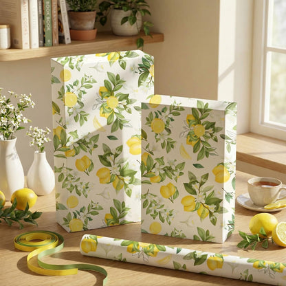 Lemon Wrapping Paper Roll, Watercolor Lemon Floral Design Fresh Style Summer Gift Wrap for Summer Party, Birthday, Wedding, Baby Shower, Holiday Party, 17 Inch x 16.4 Feet