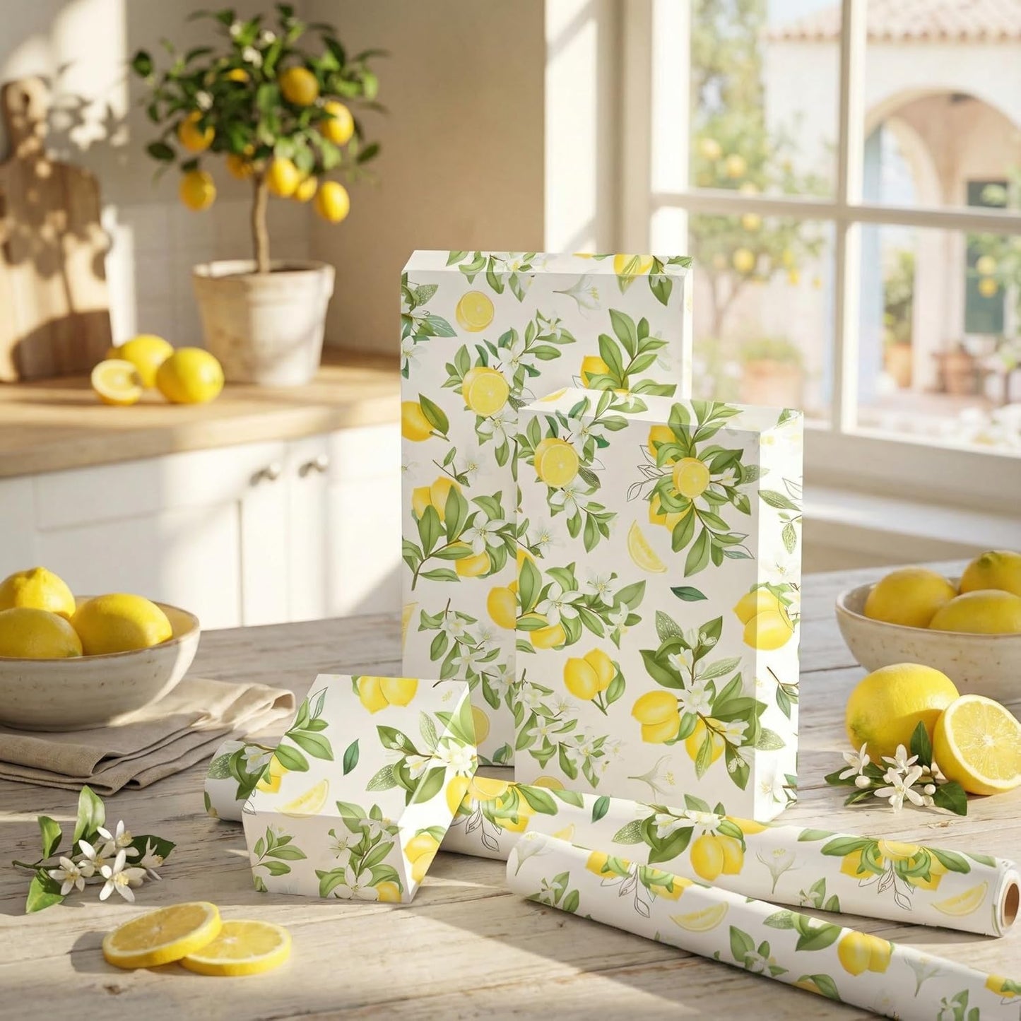 Lemon Wrapping Paper Roll, Watercolor Lemon Floral Design Fresh Style Summer Gift Wrap for Summer Party, Birthday, Wedding, Baby Shower, Holiday Party, 17 Inch x 16.4 Feet