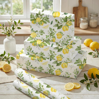 Lemon Wrapping Paper Roll, Watercolor Lemon Floral Design Fresh Style Summer Gift Wrap for Summer Party, Birthday, Wedding, Baby Shower, Holiday Party, 17 Inch x 16.4 Feet
