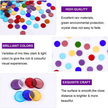 Flat Glass Mosaic Tiles, 200 PCS Stained Transparent Glass Mosaic, Round Flat Gems for Home Decoration DIY Crafts