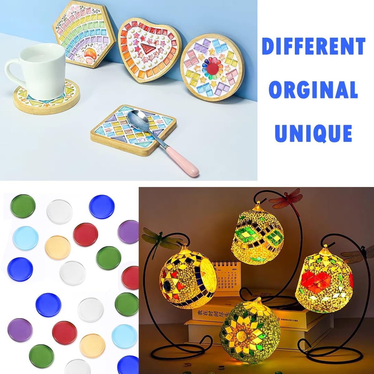 Flat Glass Mosaic Tiles, 200 PCS Stained Transparent Glass Mosaic, Round Flat Gems for Home Decoration DIY Crafts