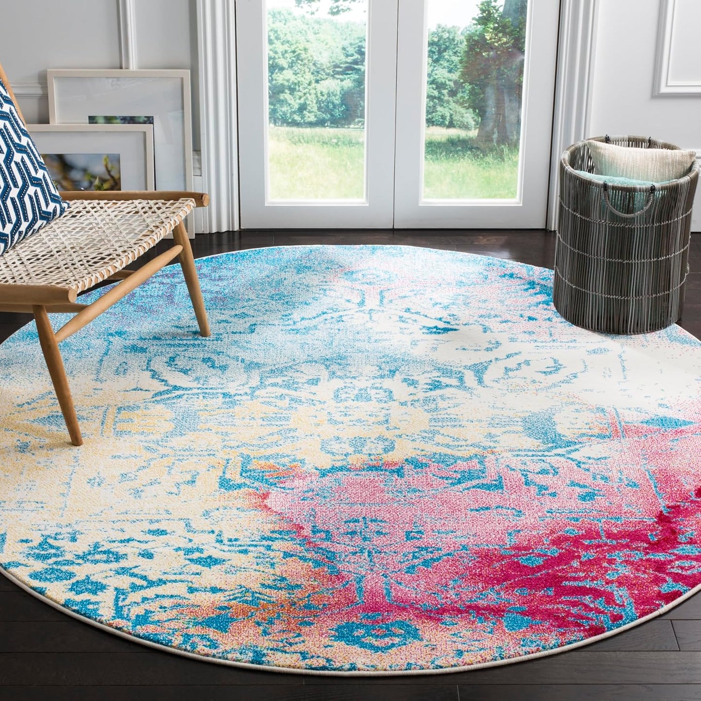 Watercolor Collection 6'7" Round Light Blue / Light Yellow WTC620G Boho Chic Overdyed Medallion Non-Shedding Dining Room Entryway Foyer Living Room Bedroom Area Rug