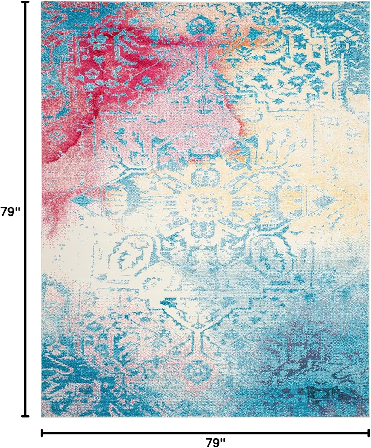 Watercolor Collection 6'7" Round Light Blue / Light Yellow WTC620G Boho Chic Overdyed Medallion Non-Shedding Dining Room Entryway Foyer Living Room Bedroom Area Rug