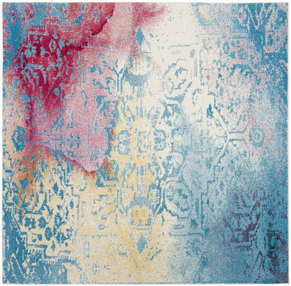Watercolor Collection 6'7" Round Light Blue / Light Yellow WTC620G Boho Chic Overdyed Medallion Non-Shedding Dining Room Entryway Foyer Living Room Bedroom Area Rug