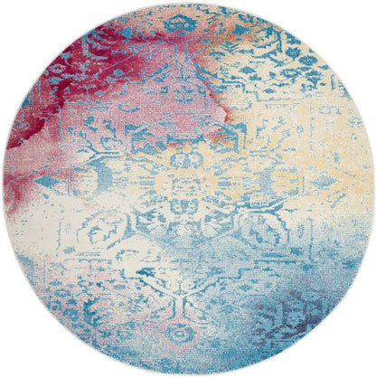 Watercolor Collection 6'7" Round Light Blue / Light Yellow WTC620G Boho Chic Overdyed Medallion Non-Shedding Dining Room Entryway Foyer Living Room Bedroom Area Rug
