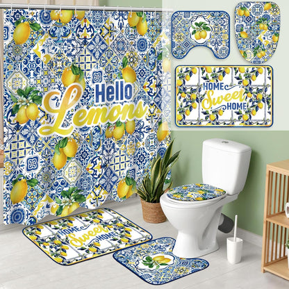 4 Pcs Ltalian Summer Capri Hello Lemons Shower Curtain Set 72x70 Amalfi Coast Lemon Shower Curtain Non Slip Rug Toilet Lid Cover, Bath Mat, Hook for Mediterranean Bathroom Amalfi Coast Decor