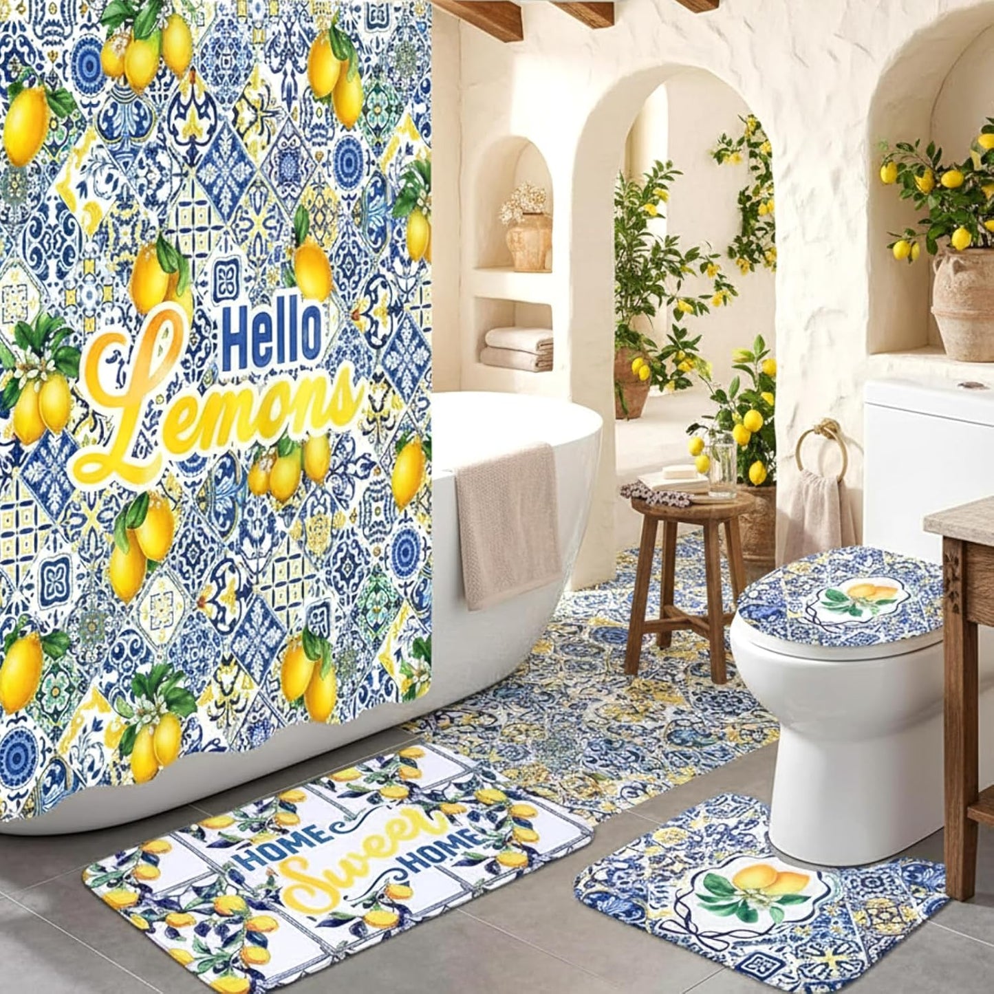 4 Pcs Ltalian Summer Capri Hello Lemons Shower Curtain Set 72x70 Amalfi Coast Lemon Shower Curtain Non Slip Rug Toilet Lid Cover, Bath Mat, Hook for Mediterranean Bathroom Amalfi Coast Decor