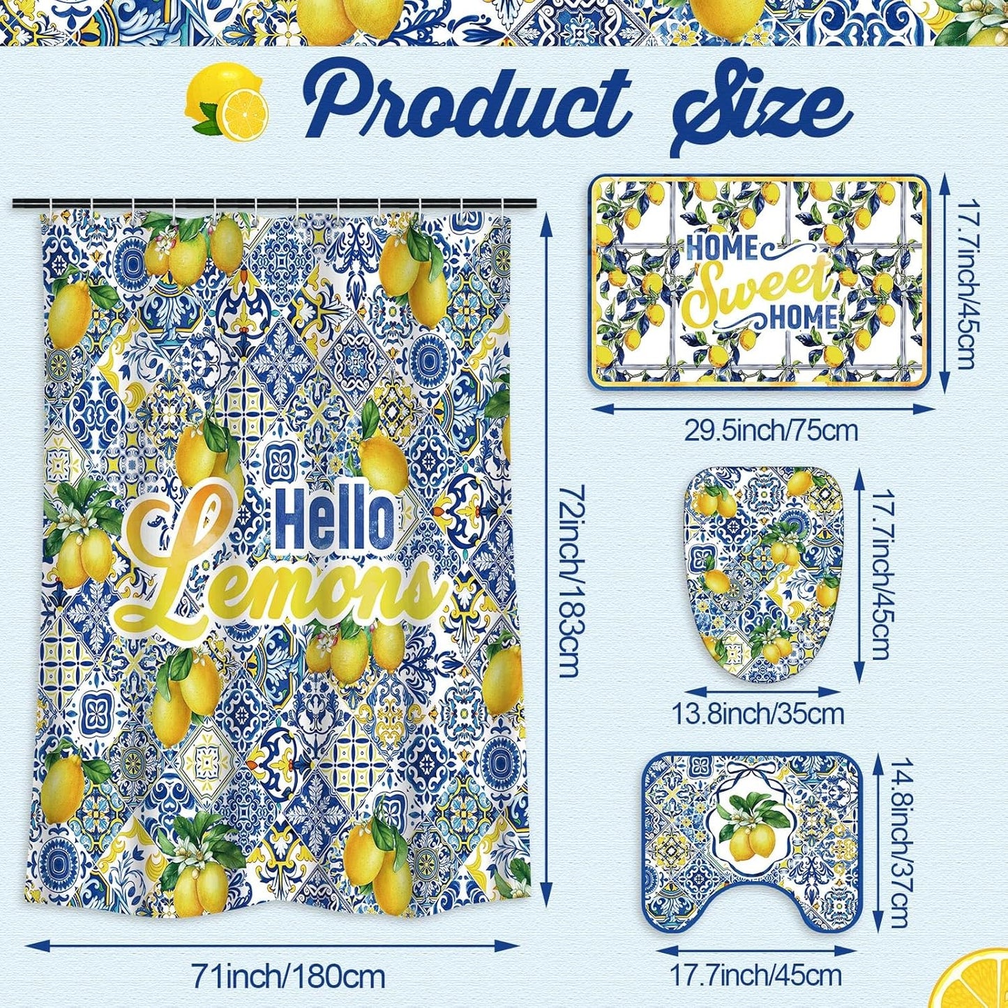 4 Pcs Ltalian Summer Capri Hello Lemons Shower Curtain Set 72x70 Amalfi Coast Lemon Shower Curtain Non Slip Rug Toilet Lid Cover, Bath Mat, Hook for Mediterranean Bathroom Amalfi Coast Decor